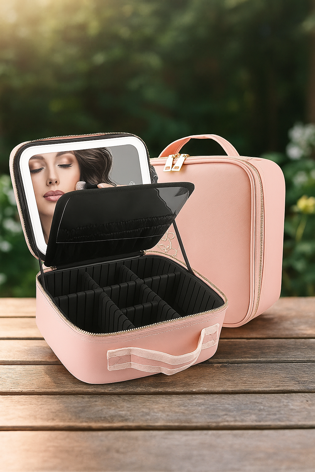 Organizador de maquillaje portátil con espejo LED